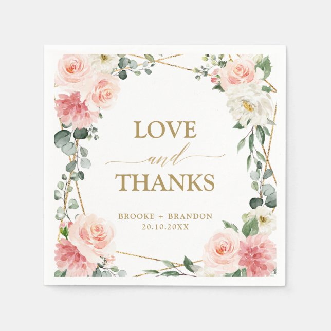 Blush Pink Floral Gold Geometric Botanical Wedding Napkin (Front)