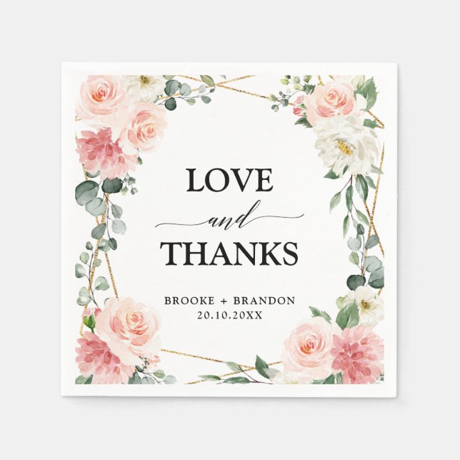 Blush Pink Floral Gold Geometric Botanical Wedding Napkin (Front)