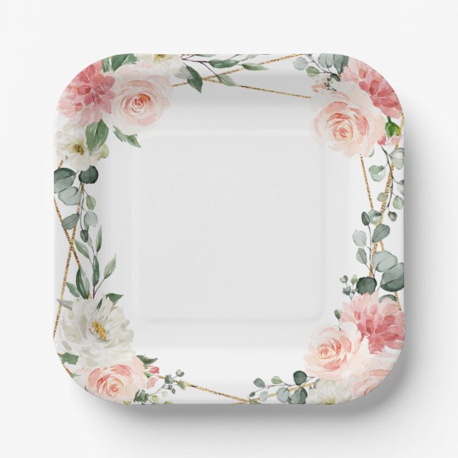 Blush Pink Floral Gold Geometric Botanical Wedding Paper Plate (Front)