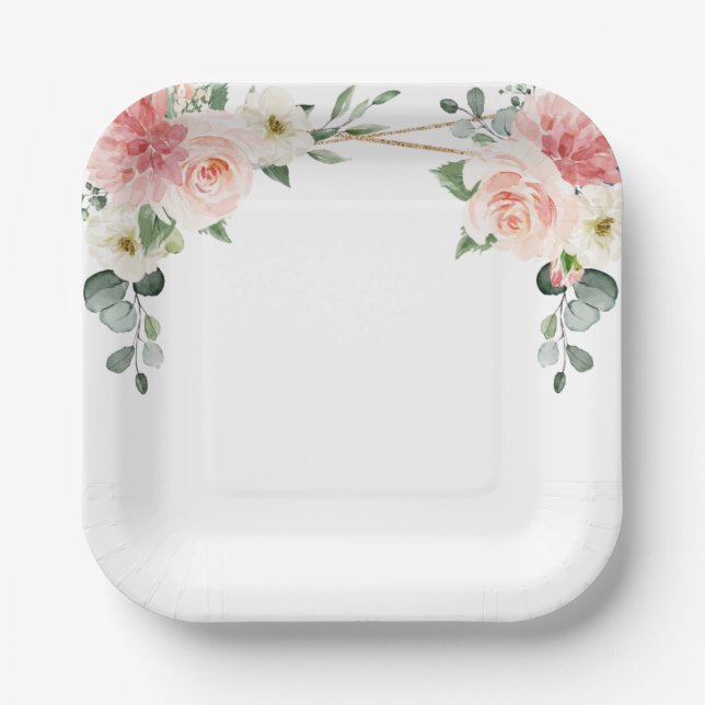 Blush Pink Floral Gold Geometric Botanical Wedding Paper Plate (Front)