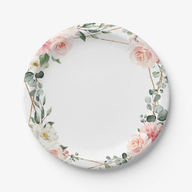 Blush Pink Floral Gold Geometric Botanical Wedding Paper Plate (Front)