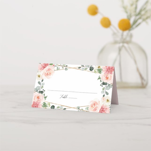 Blush Pink Floral Gold Geometric Botanical Wedding Place Card (Front)