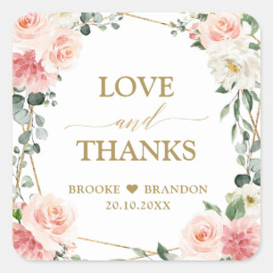 Blush Pink Floral Gold Geometric Botanical Wedding Square Sticker