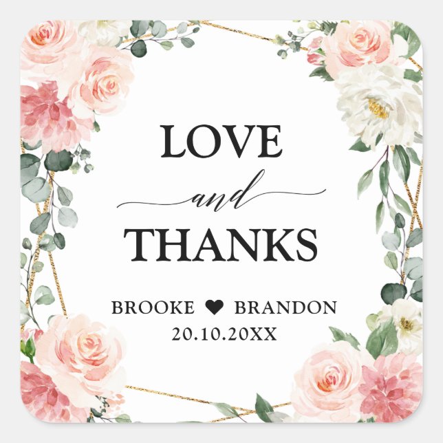 Blush Pink Floral Gold Geometric Botanical Wedding Square Sticker (Front)