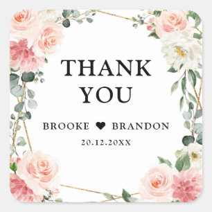 Blush Pink Floral Gold Geometric Botanical Wedding Square Sticker
