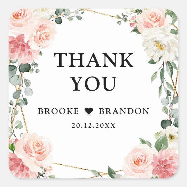 Blush Pink Floral Gold Geometric Botanical Wedding Square Sticker (Front)