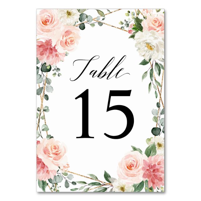 Blush Pink Floral Gold Geometric Botanical Wedding Table Number (Front)