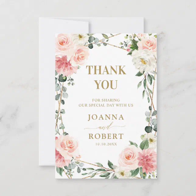 Blush Pink Floral Gold Geometric Botanical Wedding Thank You Card | Zazzle