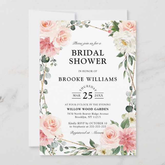 Blush Pink Floral Gold Geometric Bridal Shower Invitation (Front)