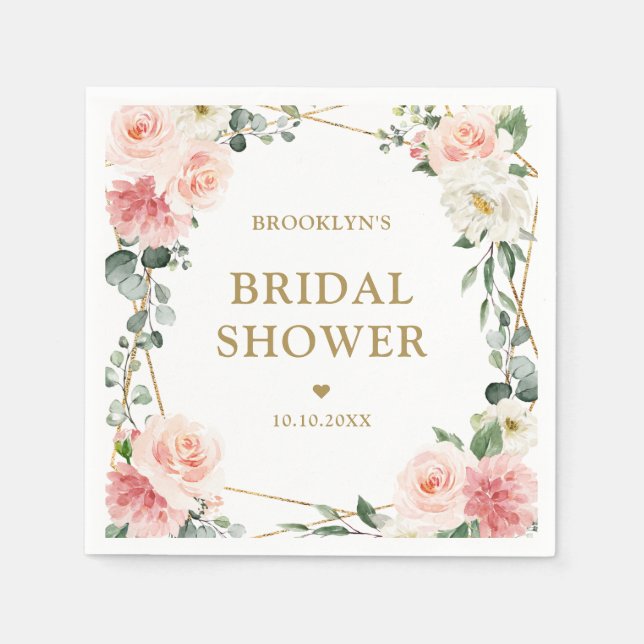 Blush Pink Floral Gold Geometric  Bridal Shower Na Napkin (Front)