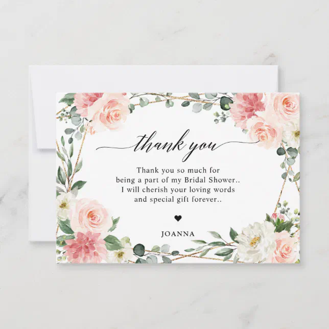 Blush Pink Floral Gold Geometric Bridal Shower Thank You Card | Zazzle