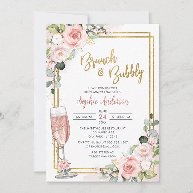 Blush Pink Floral Gold Geometric Brunch And Bubbly Invitation (Front)