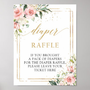 Blush pink floral gold geometric Diaper Raffle  Poster