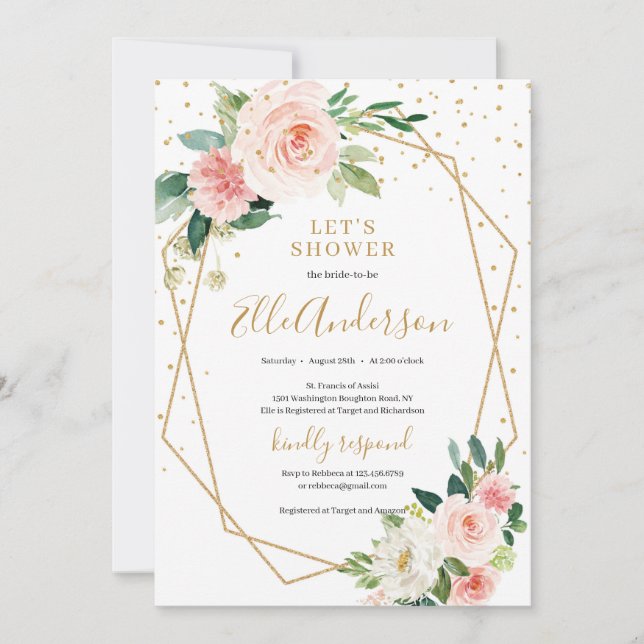 Blush pink floral gold geometric frame bridal invitation (Front)