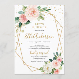 Blush pink floral gold geometric frame bridal invitation