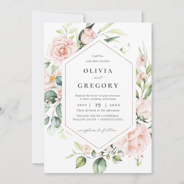 Blush Pink Floral Gold Geometric Frame Wedding Invitation (Front)