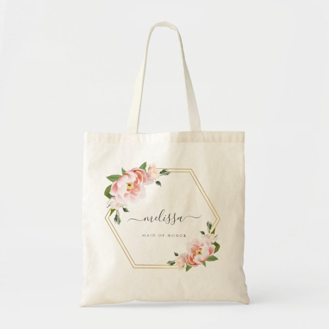 Blush Pink Floral Gold Geometric Maid of Honor Tote Bag (Front)
