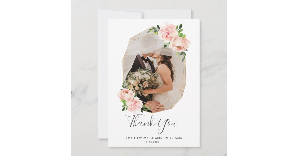 Blush Pink Floral Gold Geometric Photo Wedding Thank You Card | Zazzle
