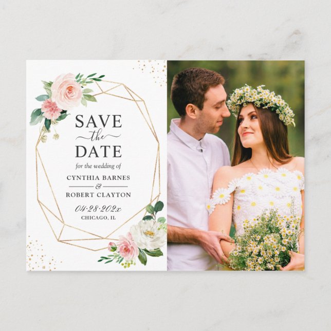 Blush Pink Floral Gold Geometric Save the Date Postcard (Front)