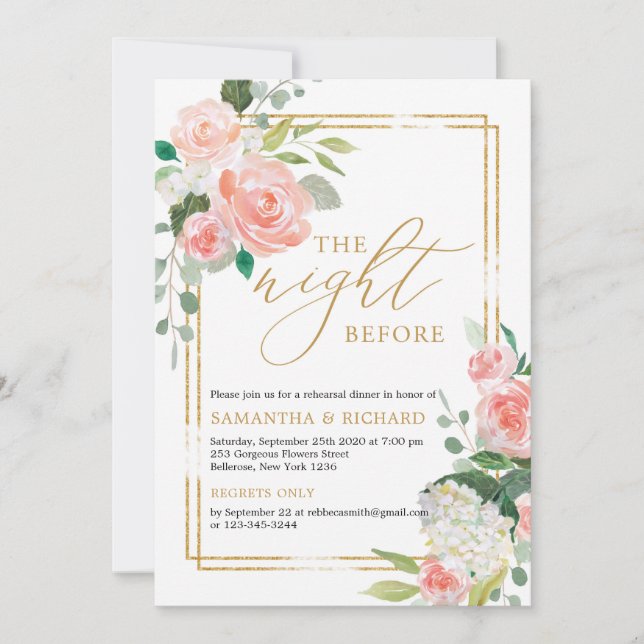 Blush pink floral gold geometric the night before invitation (Front)