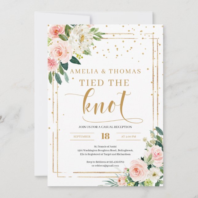 Blush pink floral gold geometric tied the knot invitation (Front)