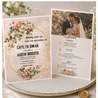 Blush Pink Floral Gold Geometric Wedding Invitatio Invitation