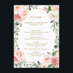 Blush Pink Floral Gold Geometric Wedding Menu<br><div class="desc">Elegant Blush pink / peach spring floral botanical wedding menu featuring a bouquet of soft pastel watercolor roses, peonies and hydrangeas in shades of blush pink, peach and cream with lush green botanical leaves and eucalyptus leaves with gold geometric frame. Please find more matching designs and variations from my "blissweddingpaperie"...</div>