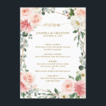 Blush Pink Floral Gold Geometric Wedding Menu<br><div class="desc">Elegant Blush pink / peach spring floral botanical wedding menu featuring a bouquet of soft pastel watercolor roses, peonies and hydrangeas in shades of blush pink, peach and cream with lush green botanical leaves and eucalyptus leaves with gold geometric frame. Please find more matching designs and variations from my "blissweddingpaperie"...</div>