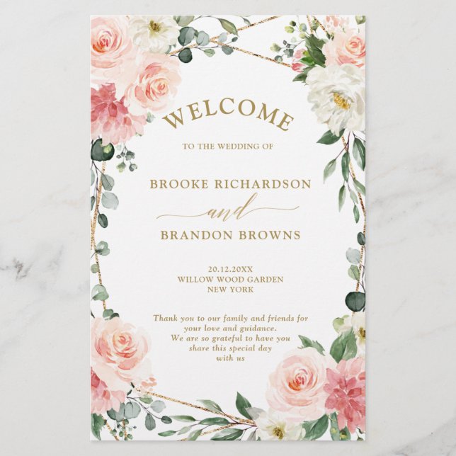 Blush Pink Floral Gold Geometric Wedding Program (Front)
