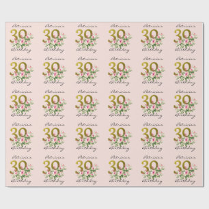 Blush Pink Floral Gold Glitter 30th Birthday Wrapping Paper