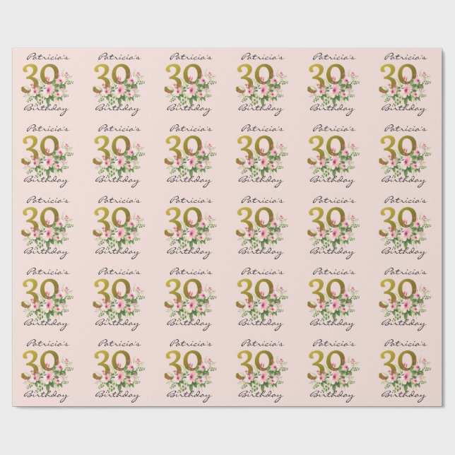 Blush Pink Floral Gold Glitter 30th Birthday Wrapping Paper (Flat)