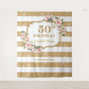 Blush pink floral gold glitter 50th birthday tapestry