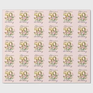 Blush Pink Floral Gold Glitter 50th Birthday Wrapping Paper
