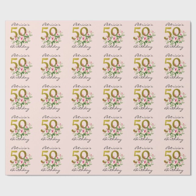 Blush Pink Floral Gold Glitter 50th Birthday Wrapping Paper (Flat)
