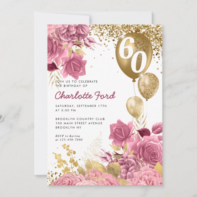 Blush Pink Floral Gold Glitter Balloons Birthday Invitation (Front)