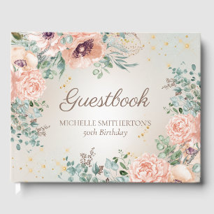 Blush Pink Floral Gold Glitter Birthday Guestbook