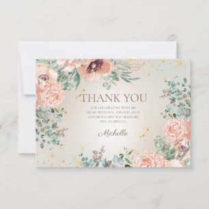 Blush Pink Floral Gold Glitter Birthday Thank You