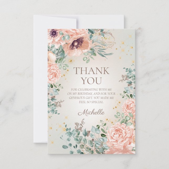 Blush Pink Floral Gold Glitter Birthday Thank You Card (Front)