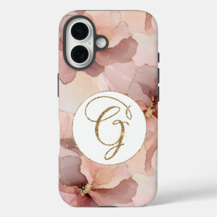 Blush Pink Floral Gold Glitter Letter G iPhone 16 Case