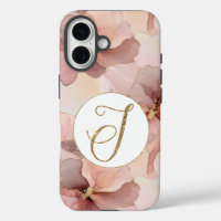 Blush Pink Floral Gold Glitter Letter J