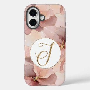 Blush Pink Floral Gold Glitter Letter J iPhone 16 Case