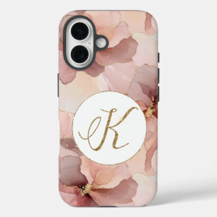 Blush Pink Floral Gold Glitter Letter K iPhone 16 Case