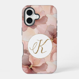 Blush Pink Floral Gold Glitter Letter K iPhone 16 Case
