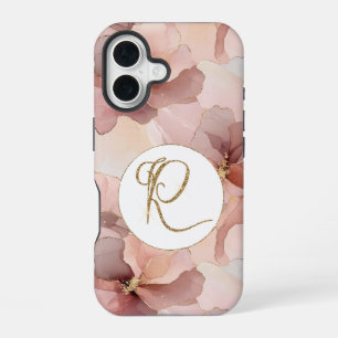Blush Pink Floral Gold Glitter Letter R iPhone 16 Case