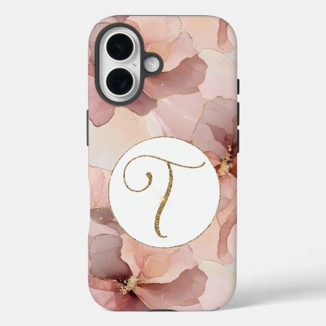 Blush Pink Floral Gold Glitter Letter T Case-Mate iPhone Case (Back)