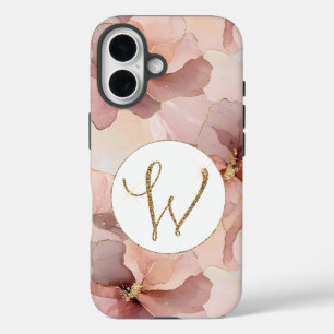 Blush Pink Floral Gold Glitter Letter W iPhone 16 Case