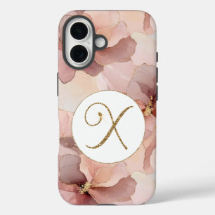 Blush Pink Floral Gold Glitter Letter X iPhone 16 Case