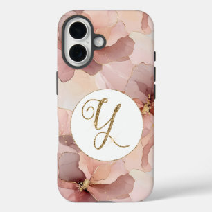 Blush Pink Floral Gold Glitter Letter Y iPhone 16 Case