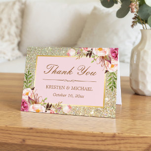 Blush Pink Floral Gold Glitter Sparkles Thank You Card