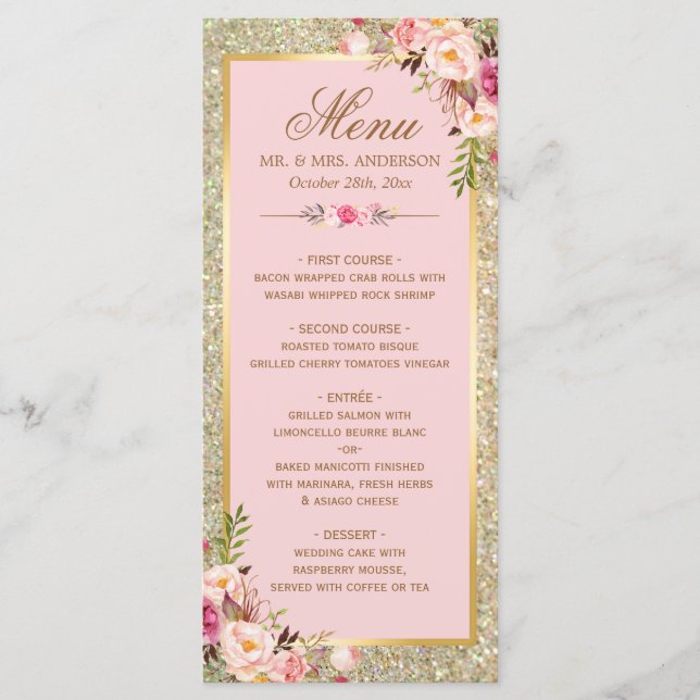 Blush Pink Floral Gold Glitter Wedding Menu (Front)